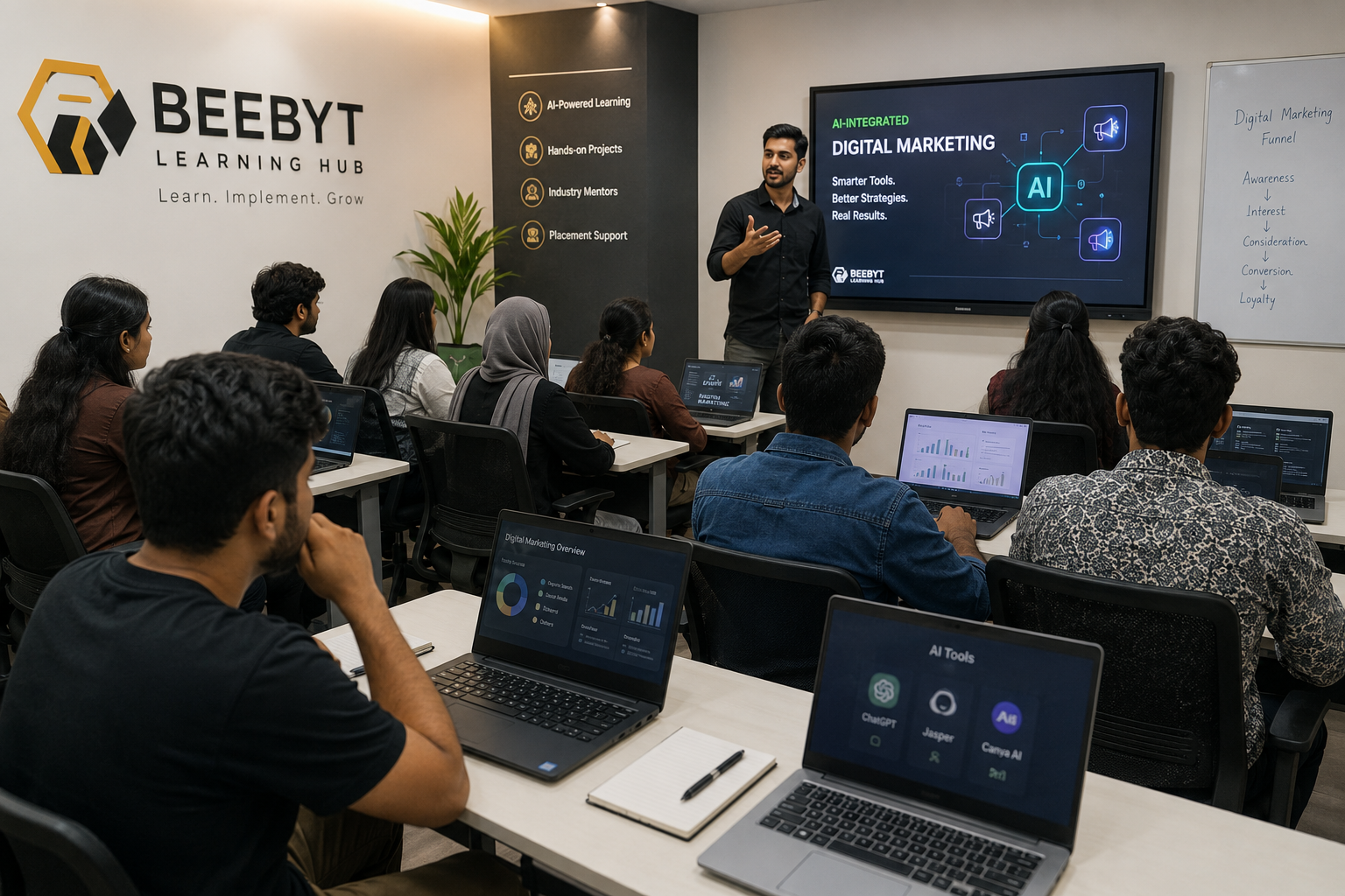 "Beebyt Learning Hub students in AI-integrated digital marketing class"