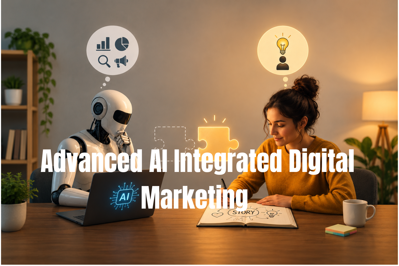 AI-powered digital marketing learning with a student and AI robot collaborating on creative marketing ideas.